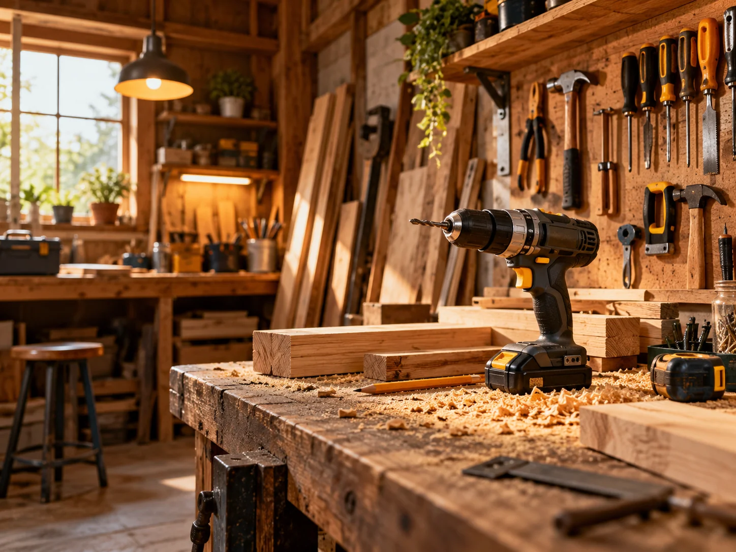Outils et perceuse dans un atelier