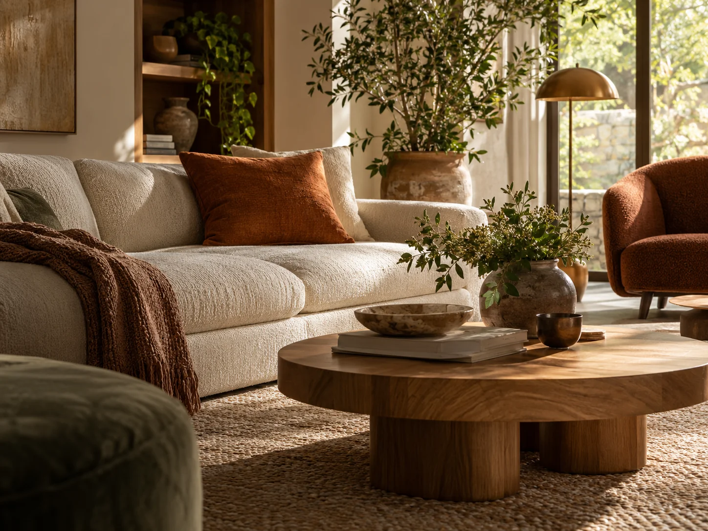 Salon lumineux et mobilier chaleureux